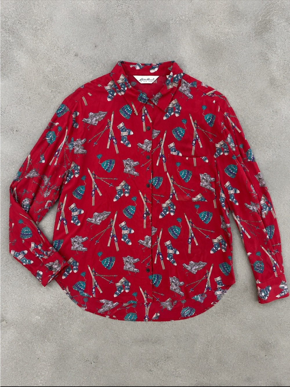90s Eddie Bauer Vintage Red Ski Print Rayon Blouse Women XL Camp Shirt Retro